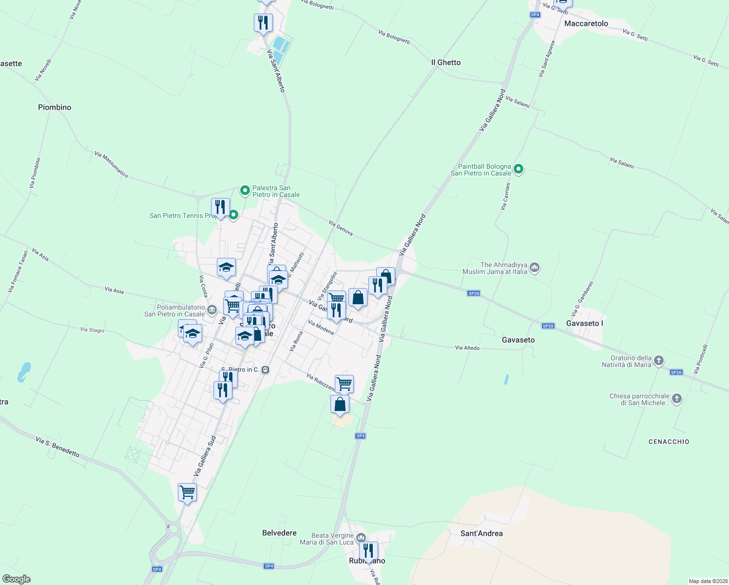 map of restaurants, bars, coffee shops, grocery stores, and more near 22 Via Antonio Gramsci in San Pietro In Casale