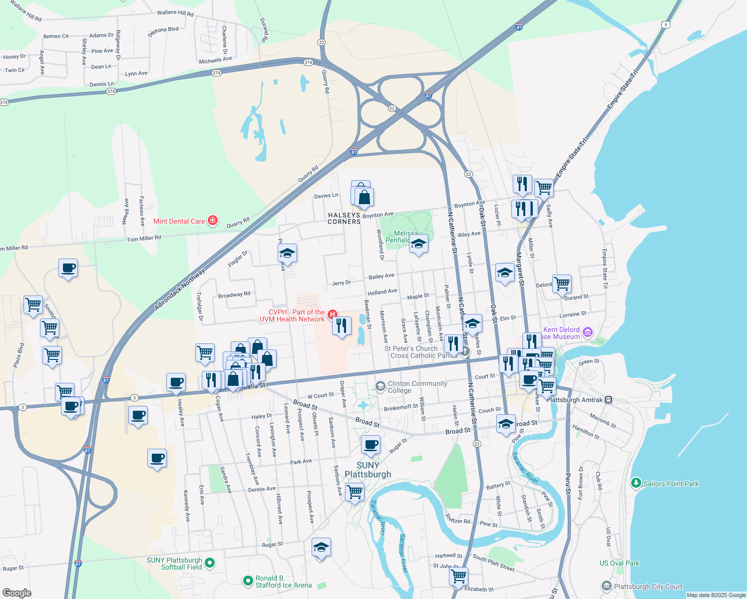 map of restaurants, bars, coffee shops, grocery stores, and more near 104 Beekman Street in Plattsburgh