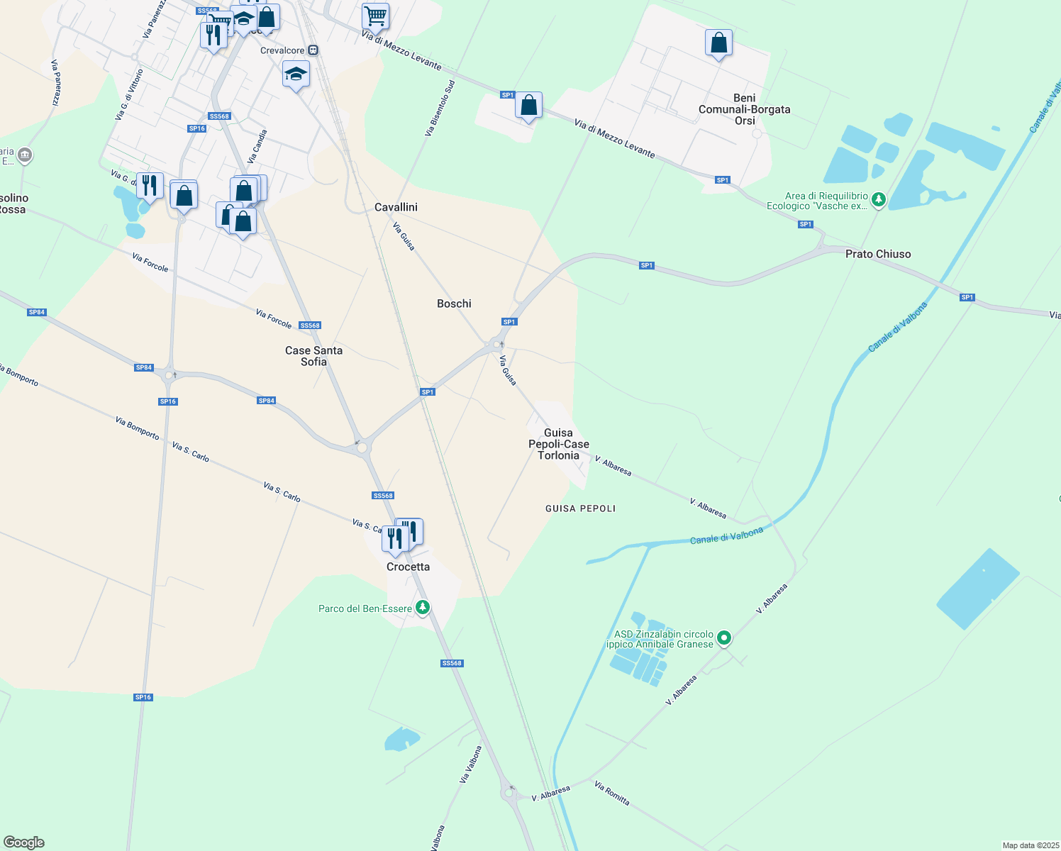 map of restaurants, bars, coffee shops, grocery stores, and more near 1050 Via San Sofia in Crevalcore