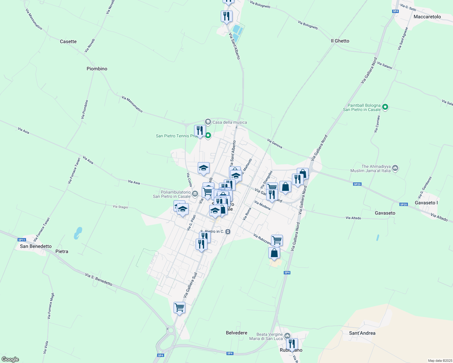 map of restaurants, bars, coffee shops, grocery stores, and more near 12 Via Benelli in San Pietro In Casale