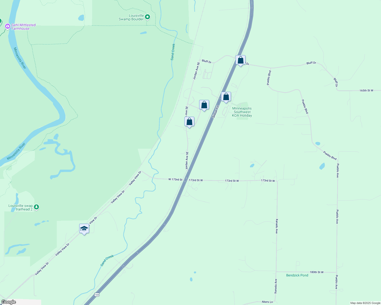map of restaurants, bars, coffee shops, grocery stores, and more near 17011 Jordan Avenue in Jordan