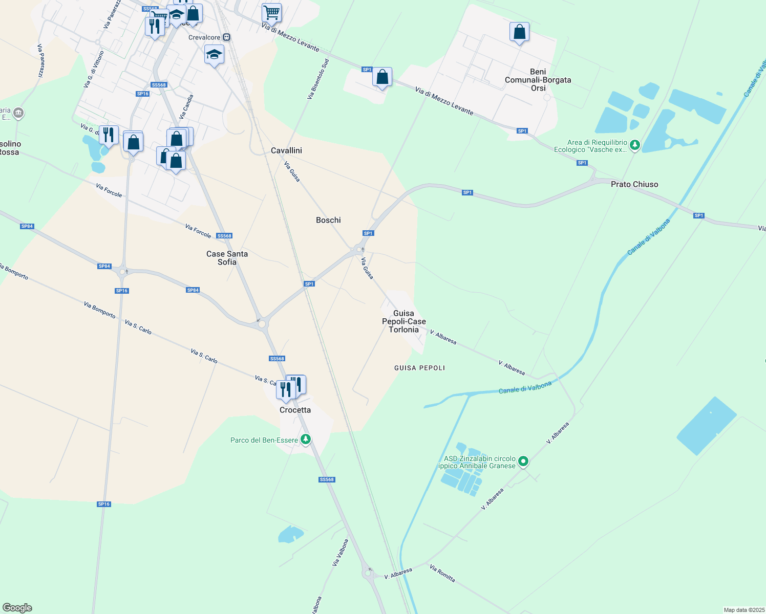 map of restaurants, bars, coffee shops, grocery stores, and more near 1050 Via San Sofia in Crevalcore