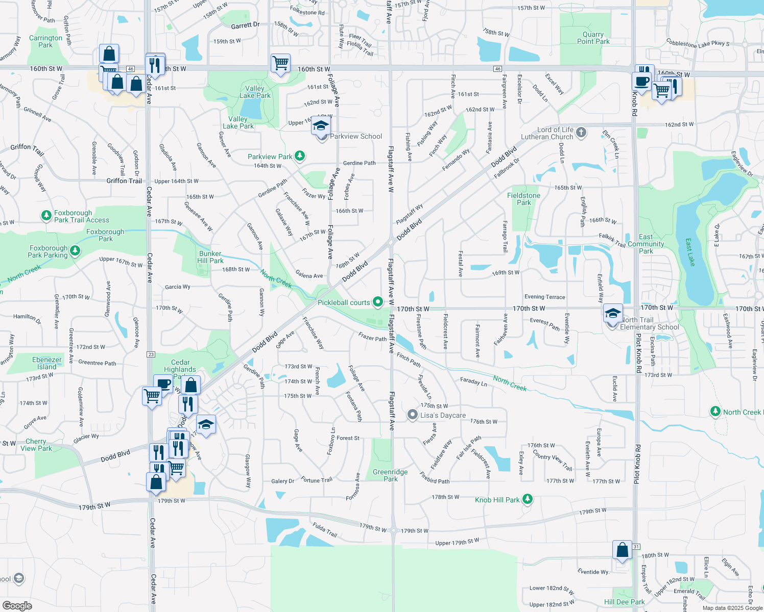 map of restaurants, bars, coffee shops, grocery stores, and more near 6540 169th Street West in Farmington