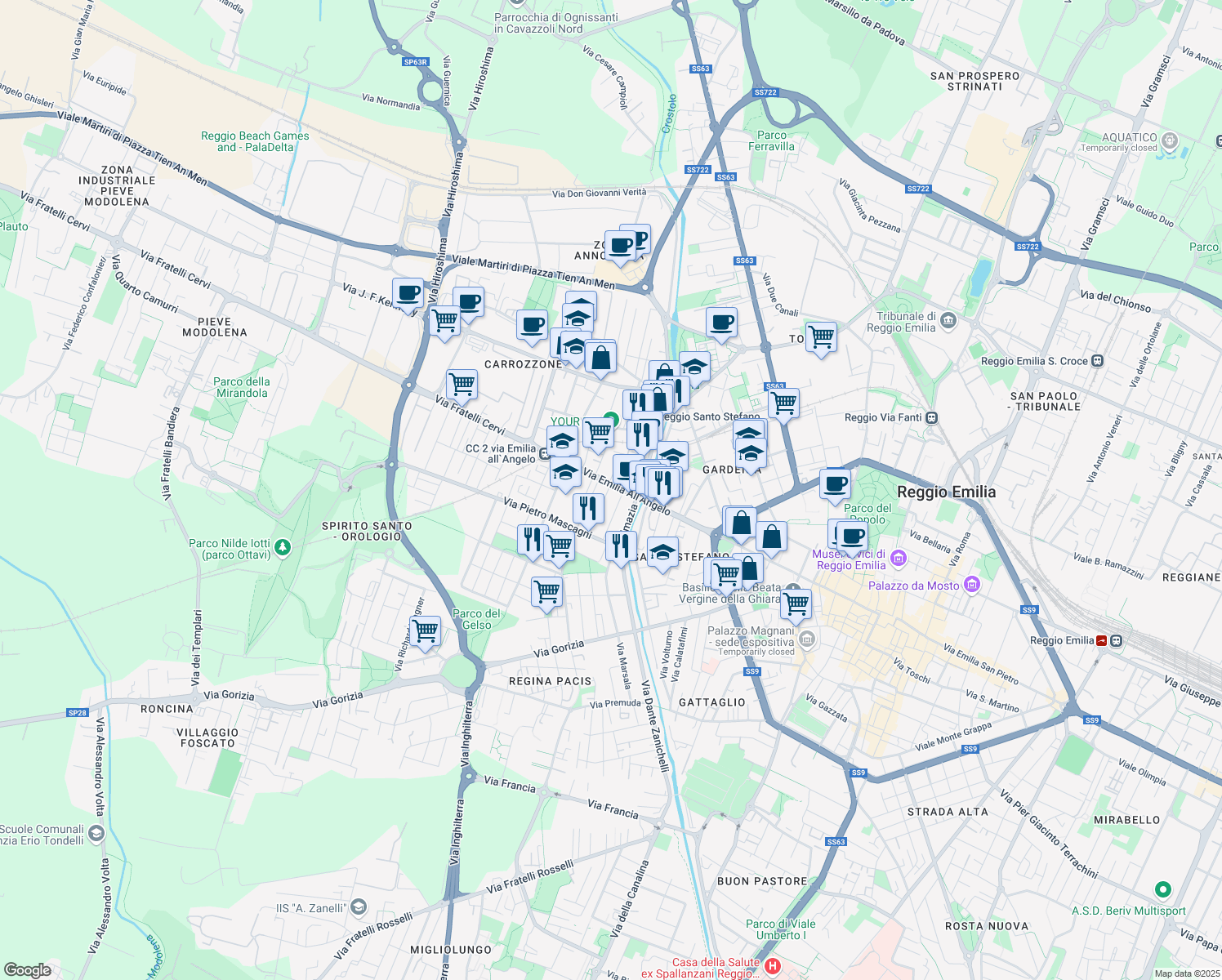 map of restaurants, bars, coffee shops, grocery stores, and more near 2 Via Oslavia in Reggio Emilia