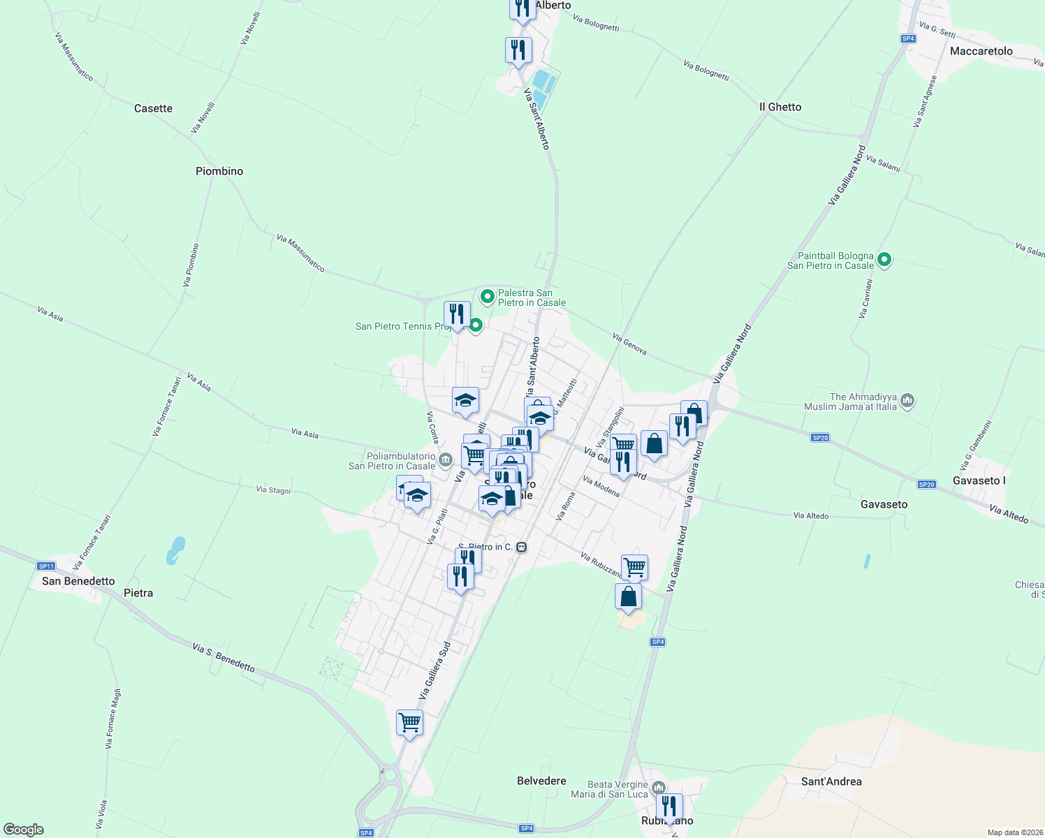 map of restaurants, bars, coffee shops, grocery stores, and more near 12 Via Benelli in San Pietro In Casale