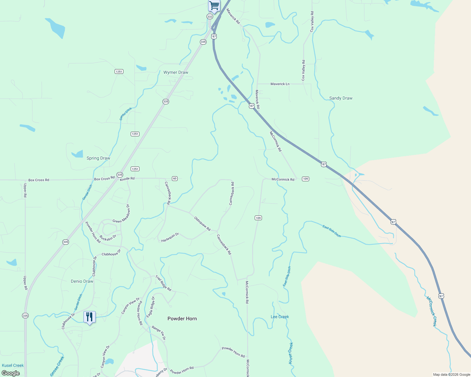 map of restaurants, bars, coffee shops, grocery stores, and more near 75 Canvasback Road in Sheridan