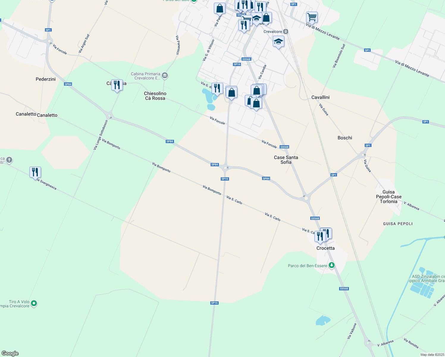 map of restaurants, bars, coffee shops, grocery stores, and more near 1433 Strada Provinciale 16 in Città Metropolitana di Bologna
