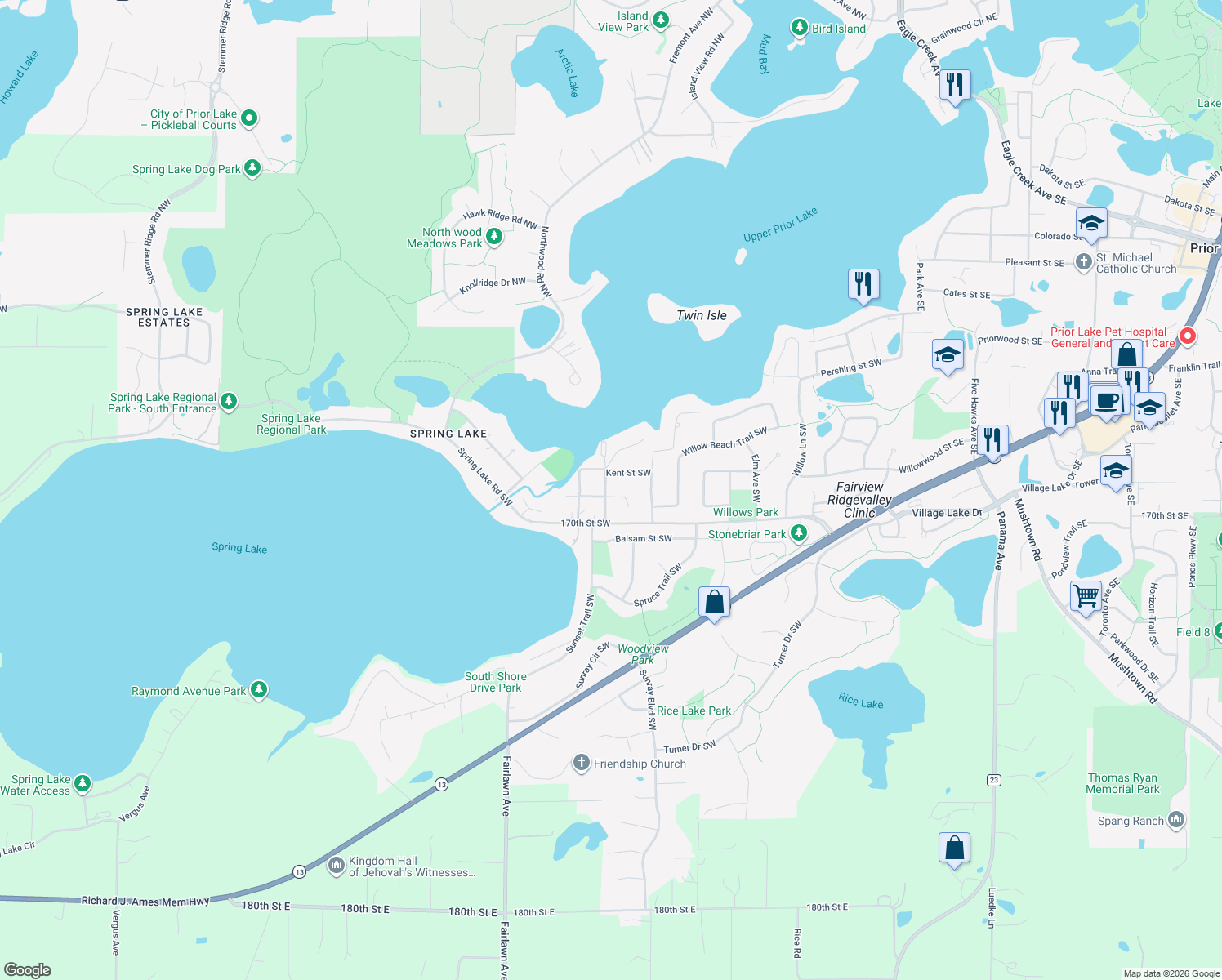 map of restaurants, bars, coffee shops, grocery stores, and more near 16921 Dewitte Avenue Southwest in Prior Lake