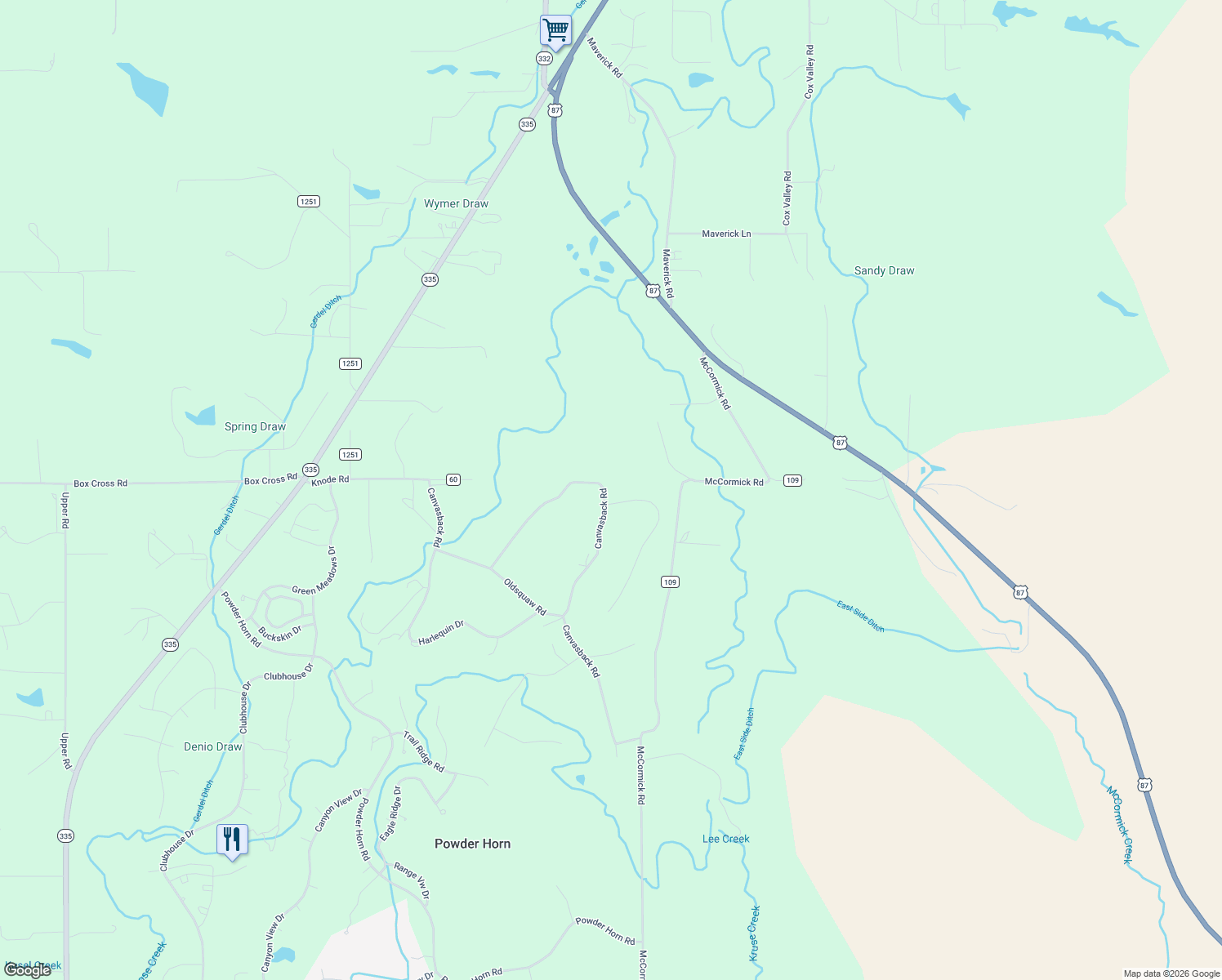 map of restaurants, bars, coffee shops, grocery stores, and more near 75 Canvasback Road in Sheridan