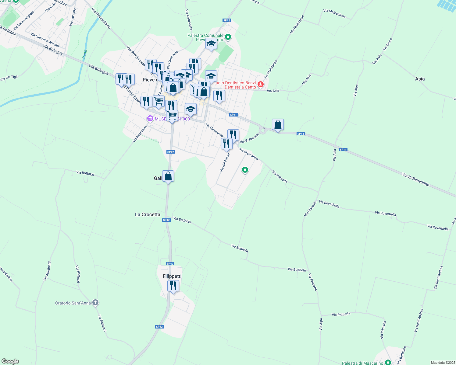 map of restaurants, bars, coffee shops, grocery stores, and more near 27 Via Benedetto Zallone in Pieve di Cento