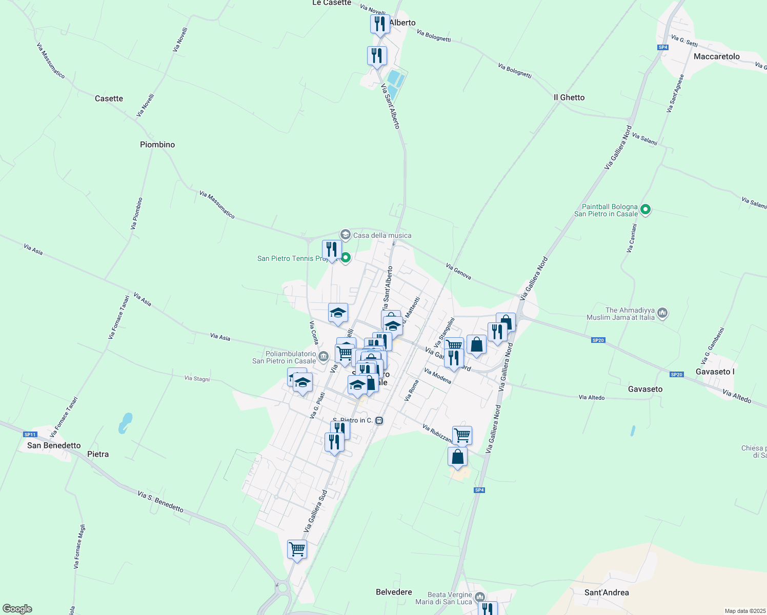 map of restaurants, bars, coffee shops, grocery stores, and more near 151 Via Sant'Alberto in San Pietro In Casale