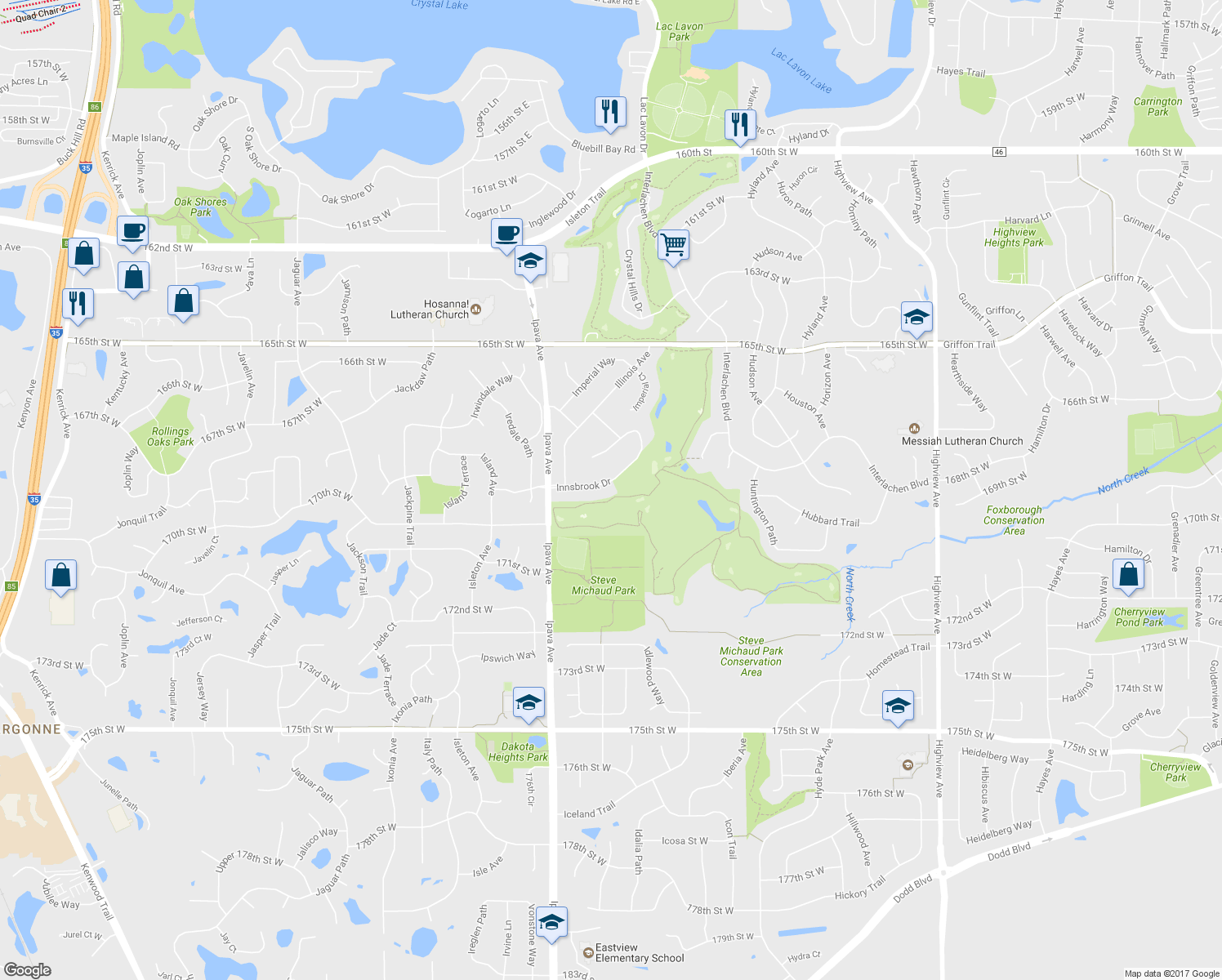 map of restaurants, bars, coffee shops, grocery stores, and more near 16715 Innsbrook Drive in Lakeville