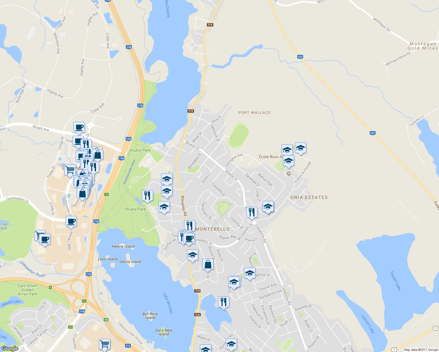 map of restaurants, bars, coffee shops, grocery stores, and more near 36 Columbo Drive in Dartmouth