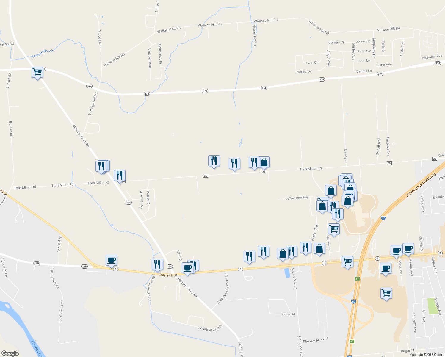 map of restaurants, bars, coffee shops, grocery stores, and more near 355 Tom Miller Road in Plattsburgh