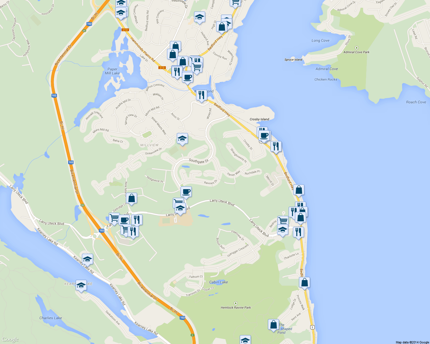 map of restaurants, bars, coffee shops, grocery stores, and more near 15 Kingsbury Way in Bedford