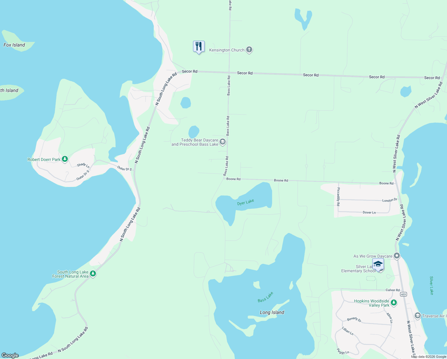 map of restaurants, bars, coffee shops, grocery stores, and more near 1299 Bass Lake Rd in Traverse City