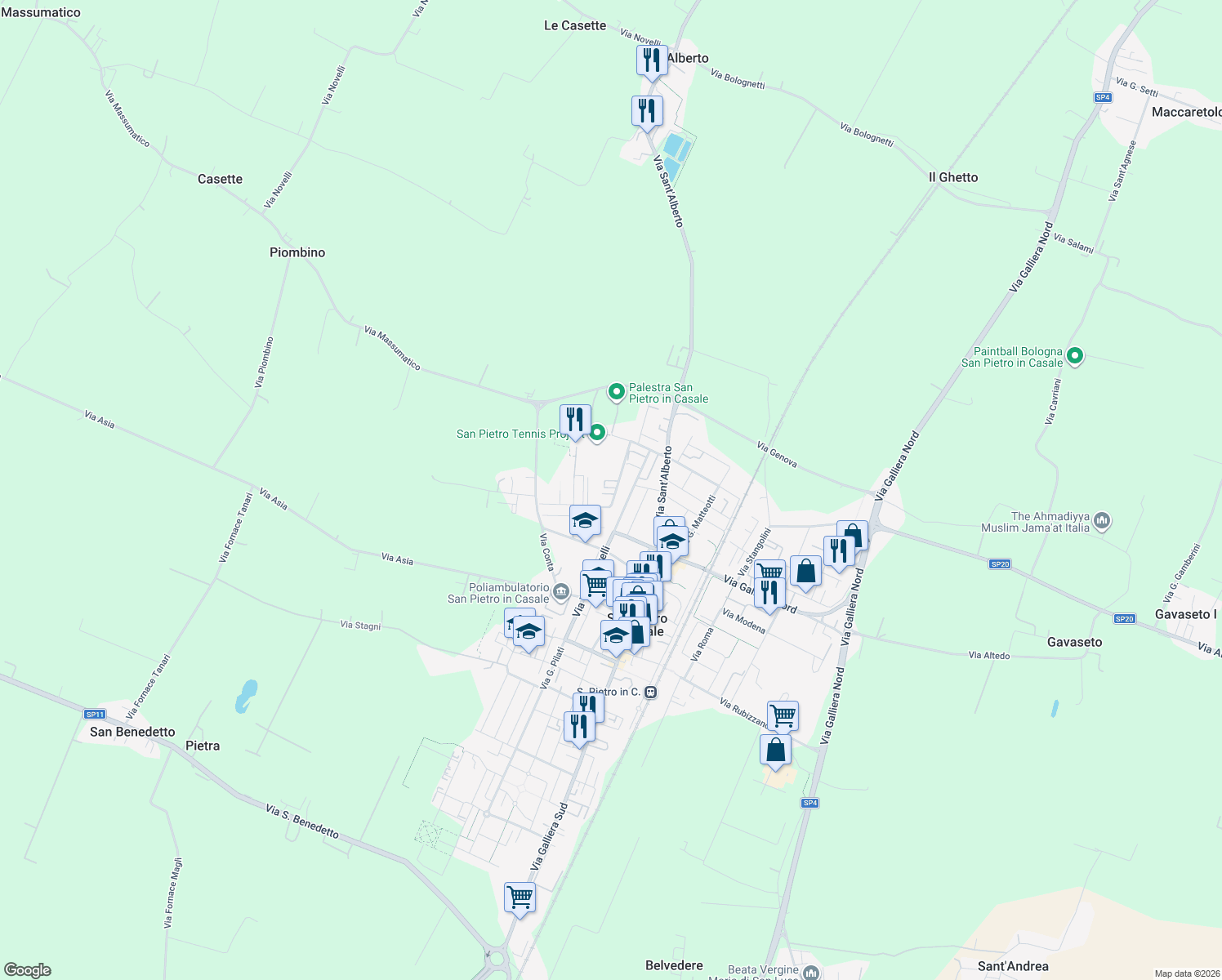map of restaurants, bars, coffee shops, grocery stores, and more near 9B Via della Cooperazione in San Pietro In Casale