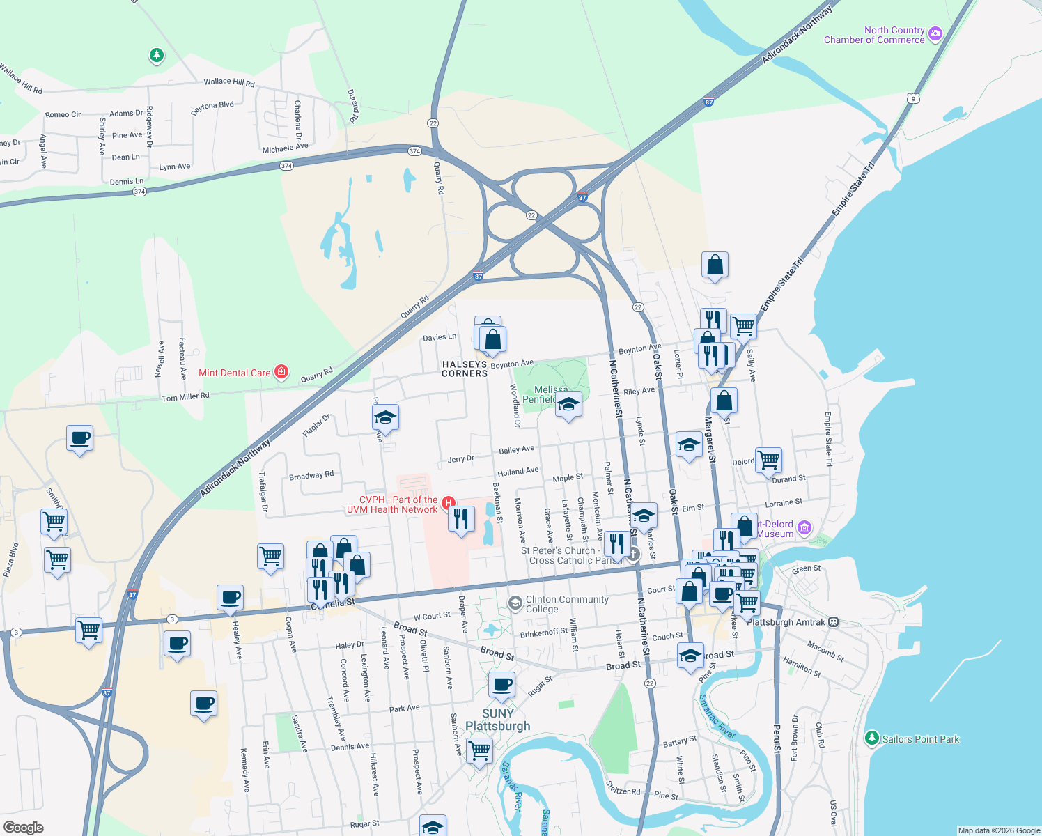 map of restaurants, bars, coffee shops, grocery stores, and more near 14 Woodland Dr in Plattsburgh