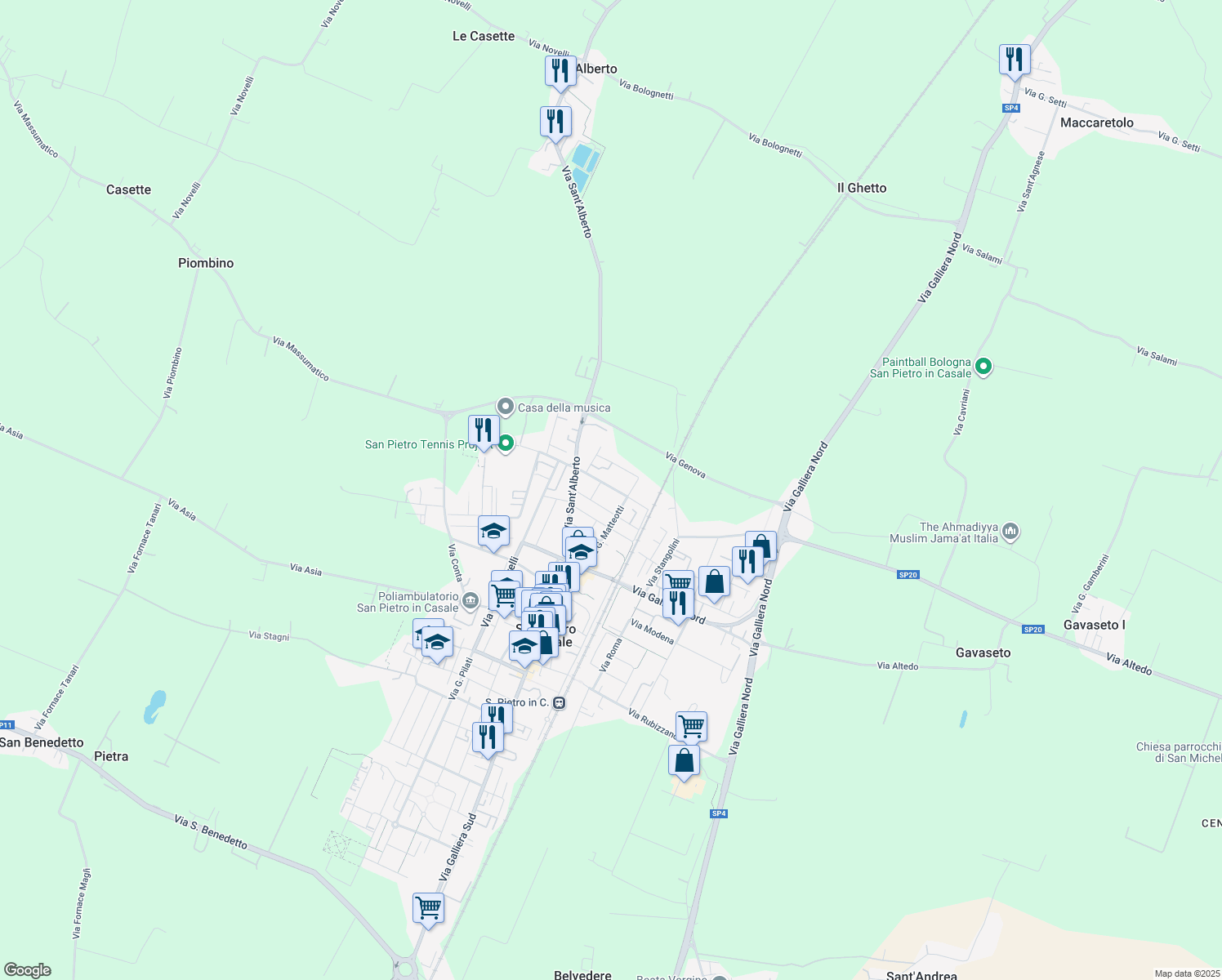 map of restaurants, bars, coffee shops, grocery stores, and more near 22 Via Giuseppe di Vittorio in San Pietro In Casale