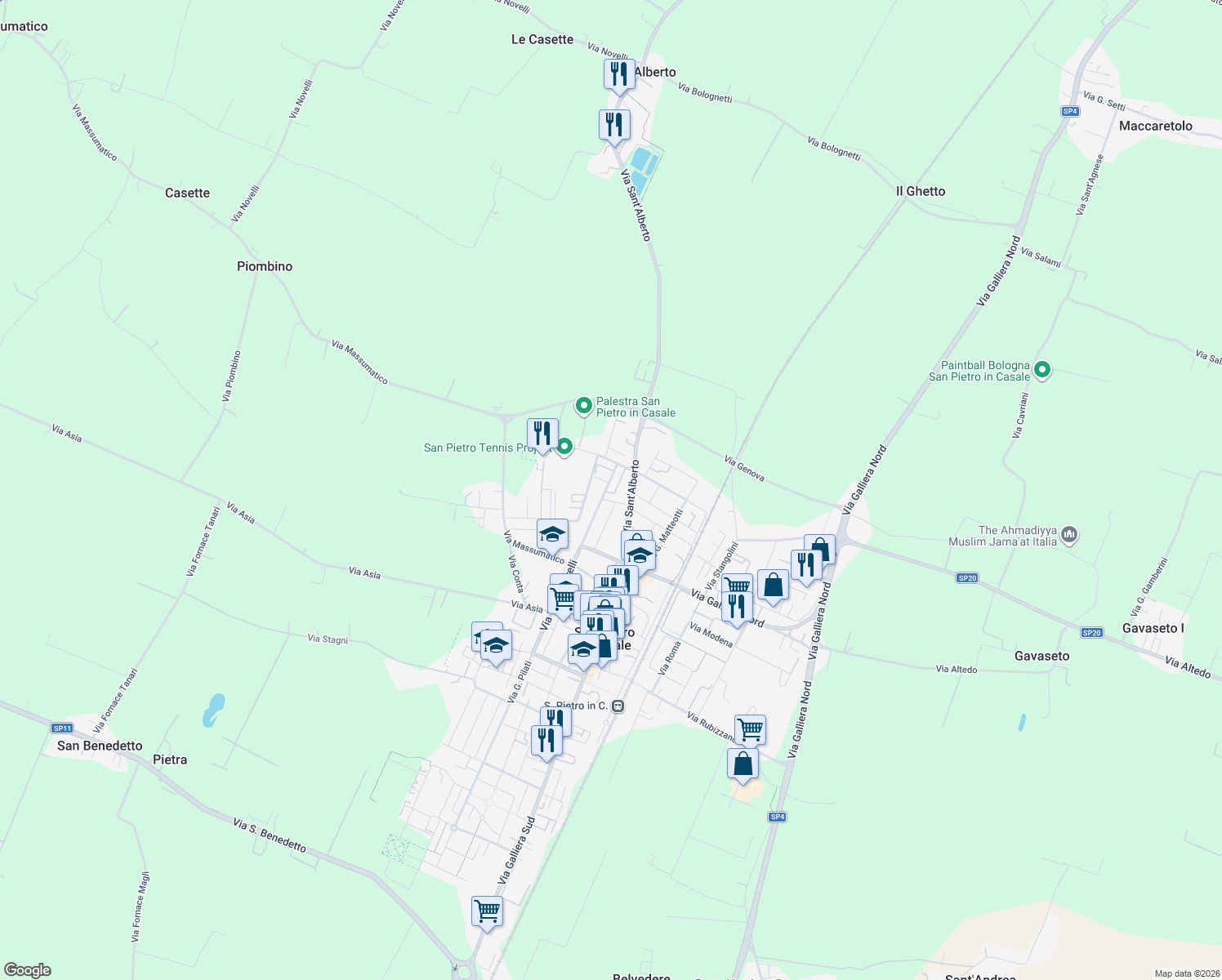 map of restaurants, bars, coffee shops, grocery stores, and more near 24 Via XXV Aprile in San Pietro In Casale