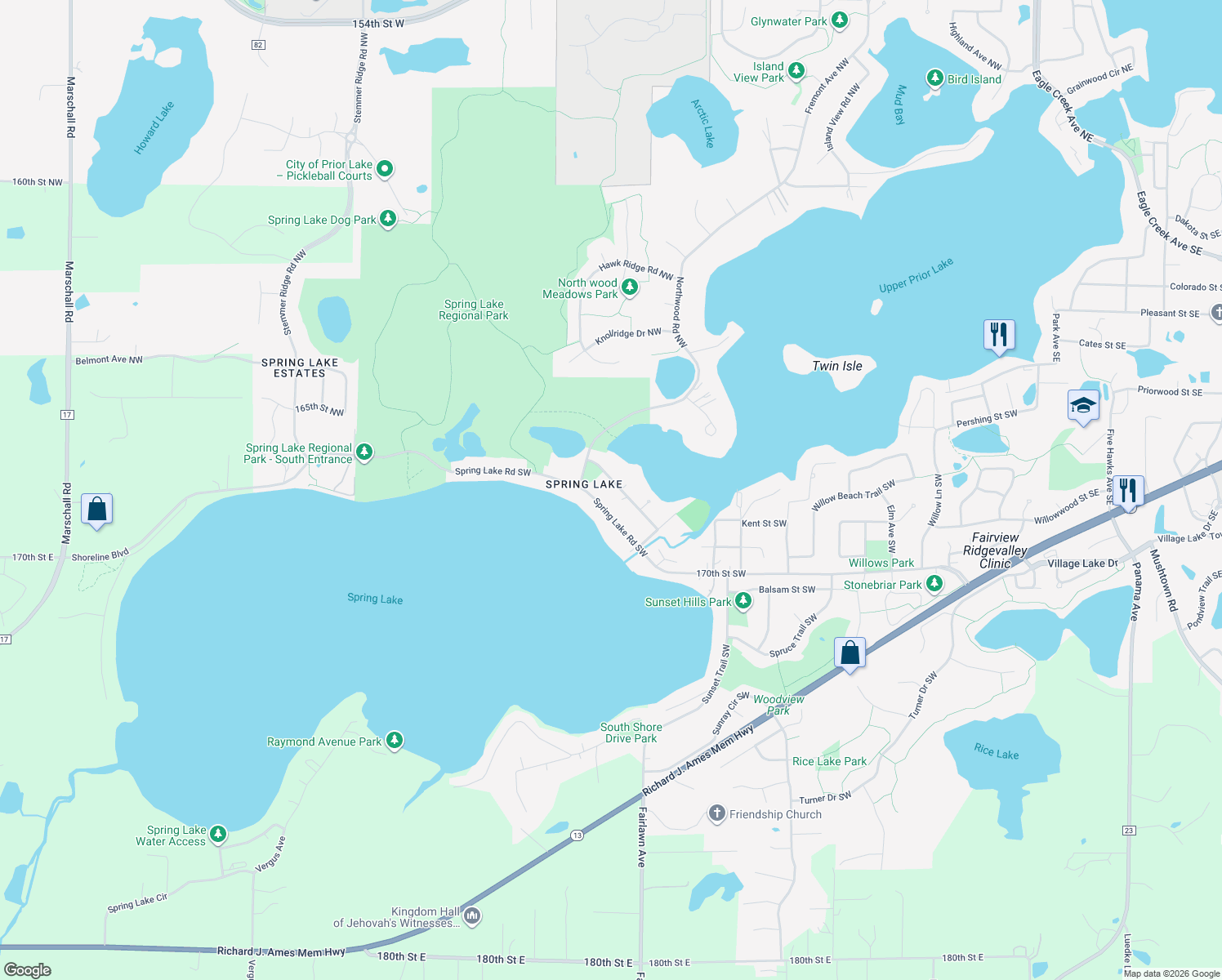 map of restaurants, bars, coffee shops, grocery stores, and more near 2891 Center Rd SW in Prior Lake