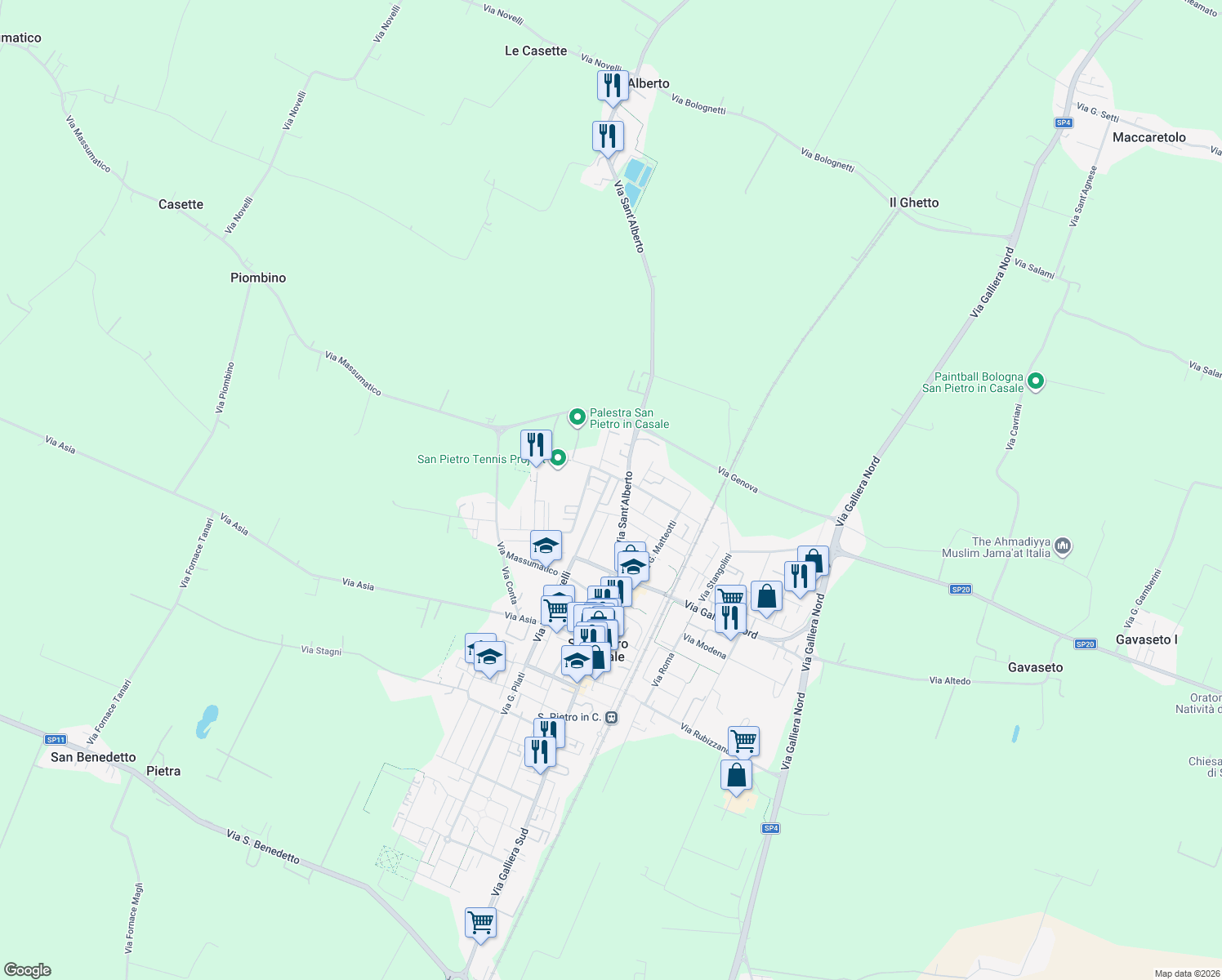 map of restaurants, bars, coffee shops, grocery stores, and more near 24 Via XXV Aprile in San Pietro In Casale