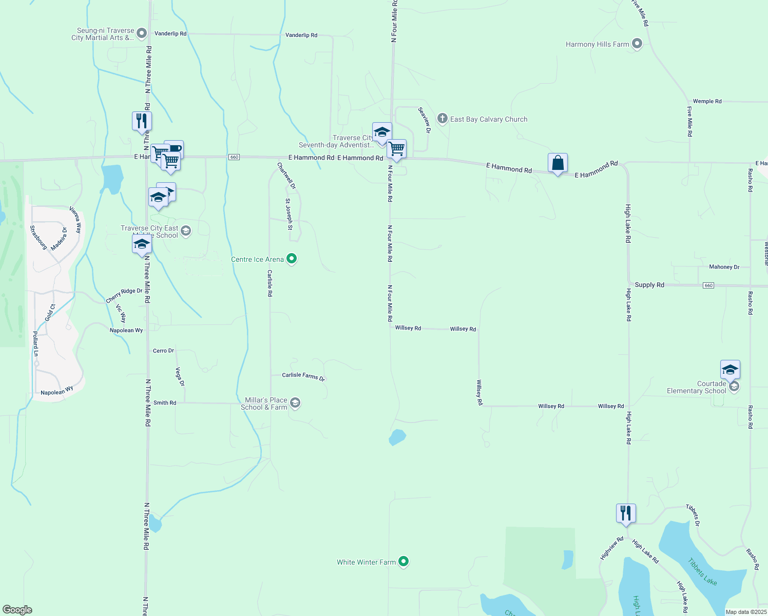 map of restaurants, bars, coffee shops, grocery stores, and more near 1391 North Four Mile Road in Traverse City