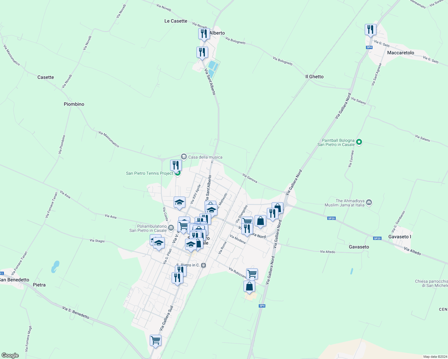 map of restaurants, bars, coffee shops, grocery stores, and more near 22 Via Giuseppe di Vittorio in San Pietro In Casale