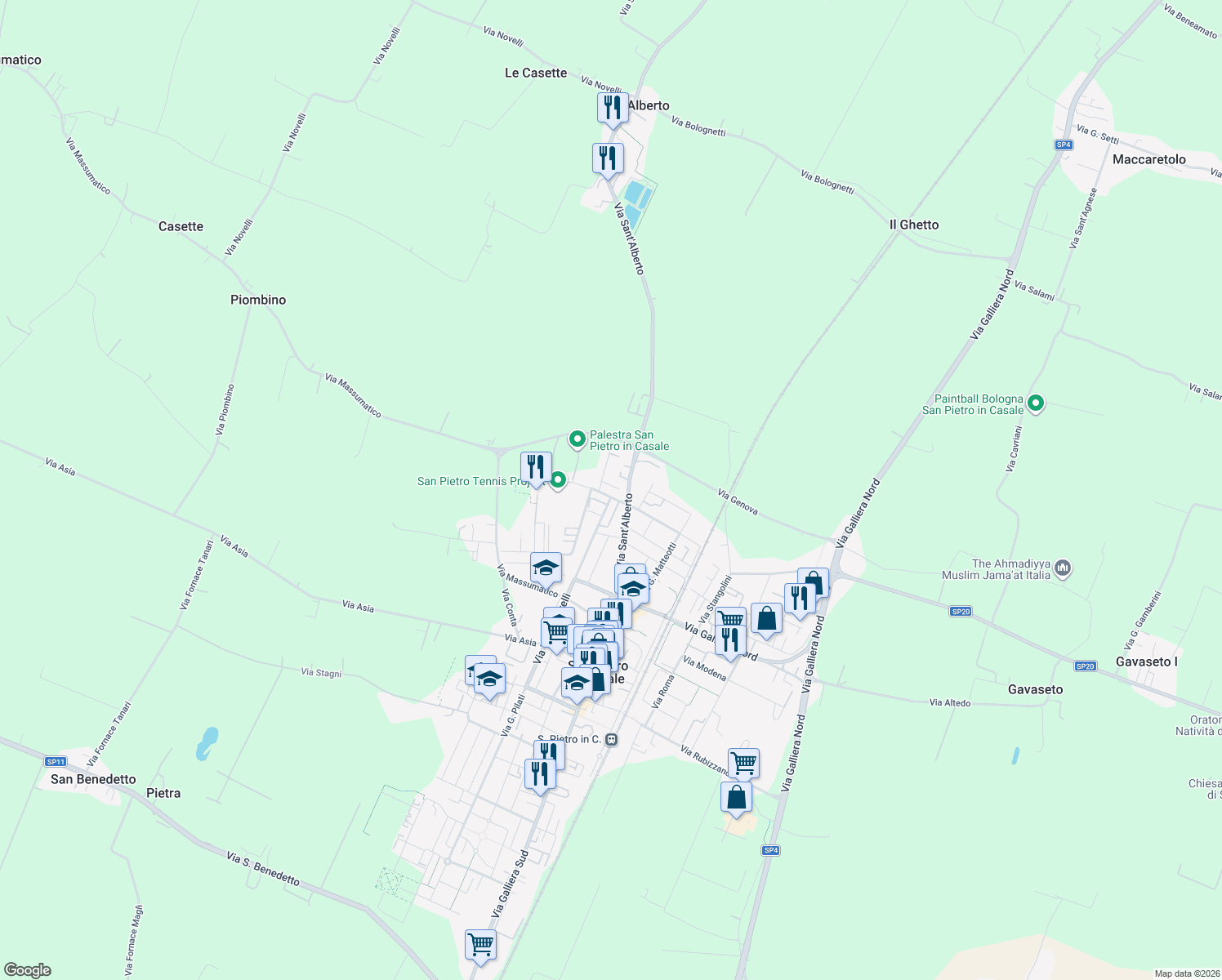 map of restaurants, bars, coffee shops, grocery stores, and more near 22 Via U. Sacchetti in San Pietro In Casale