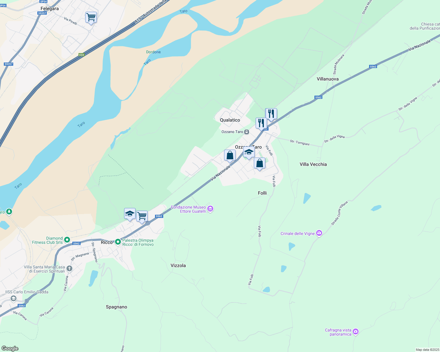 map of restaurants, bars, coffee shops, grocery stores, and more near 120 Via Nazionale in Ozzano Taro