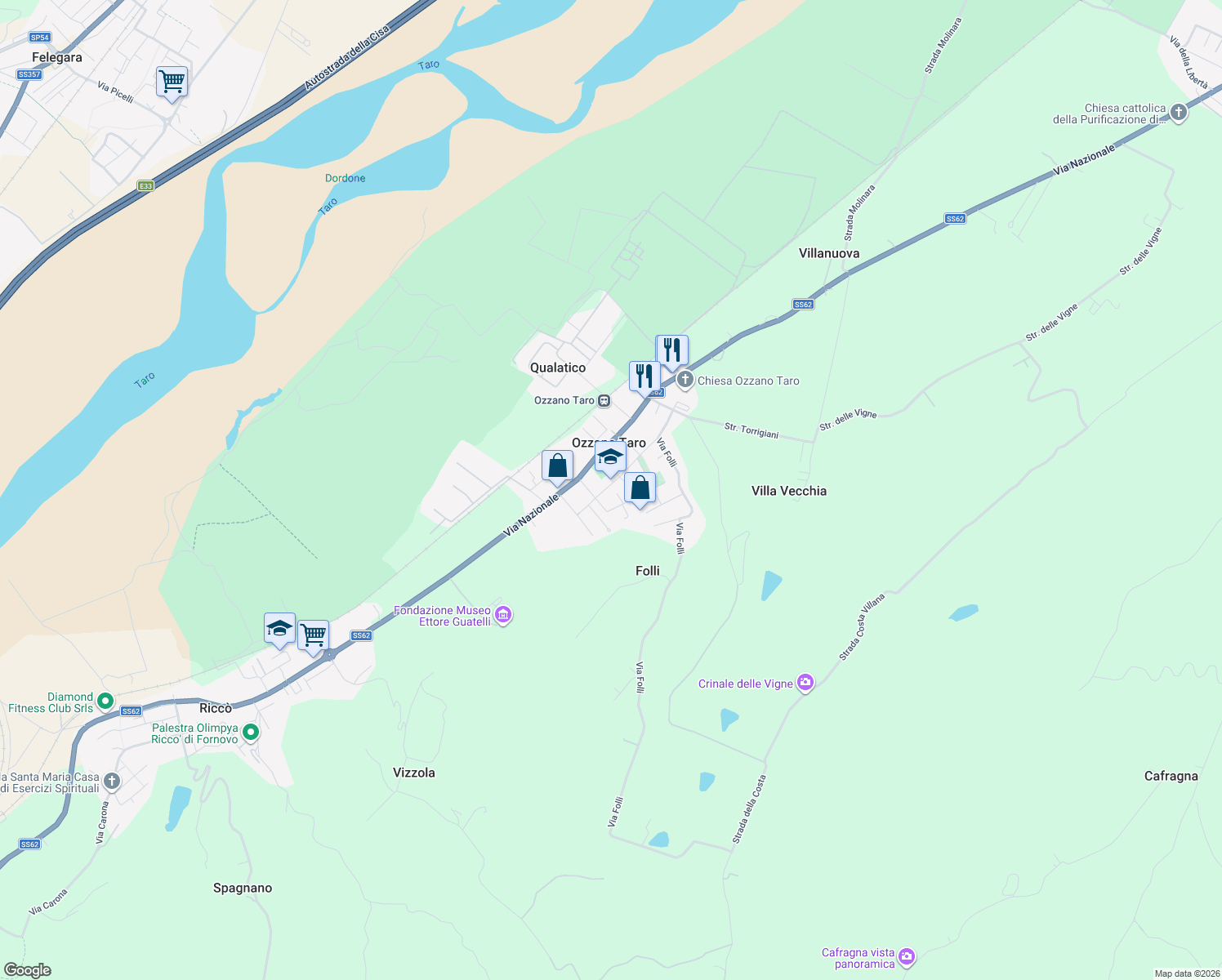 map of restaurants, bars, coffee shops, grocery stores, and more near 9 Via Giacomo Ulivi in Ozzano Taro