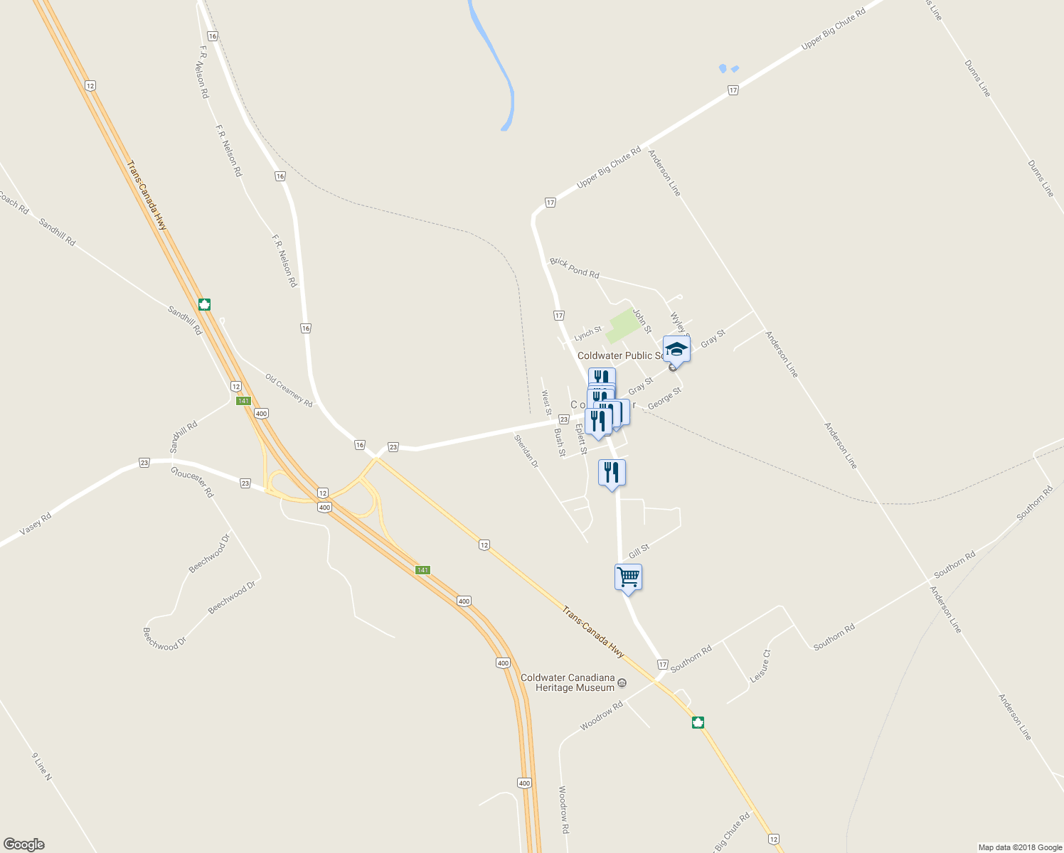 map of restaurants, bars, coffee shops, grocery stores, and more near 13 Sturgeon Bay Road in Coldwater