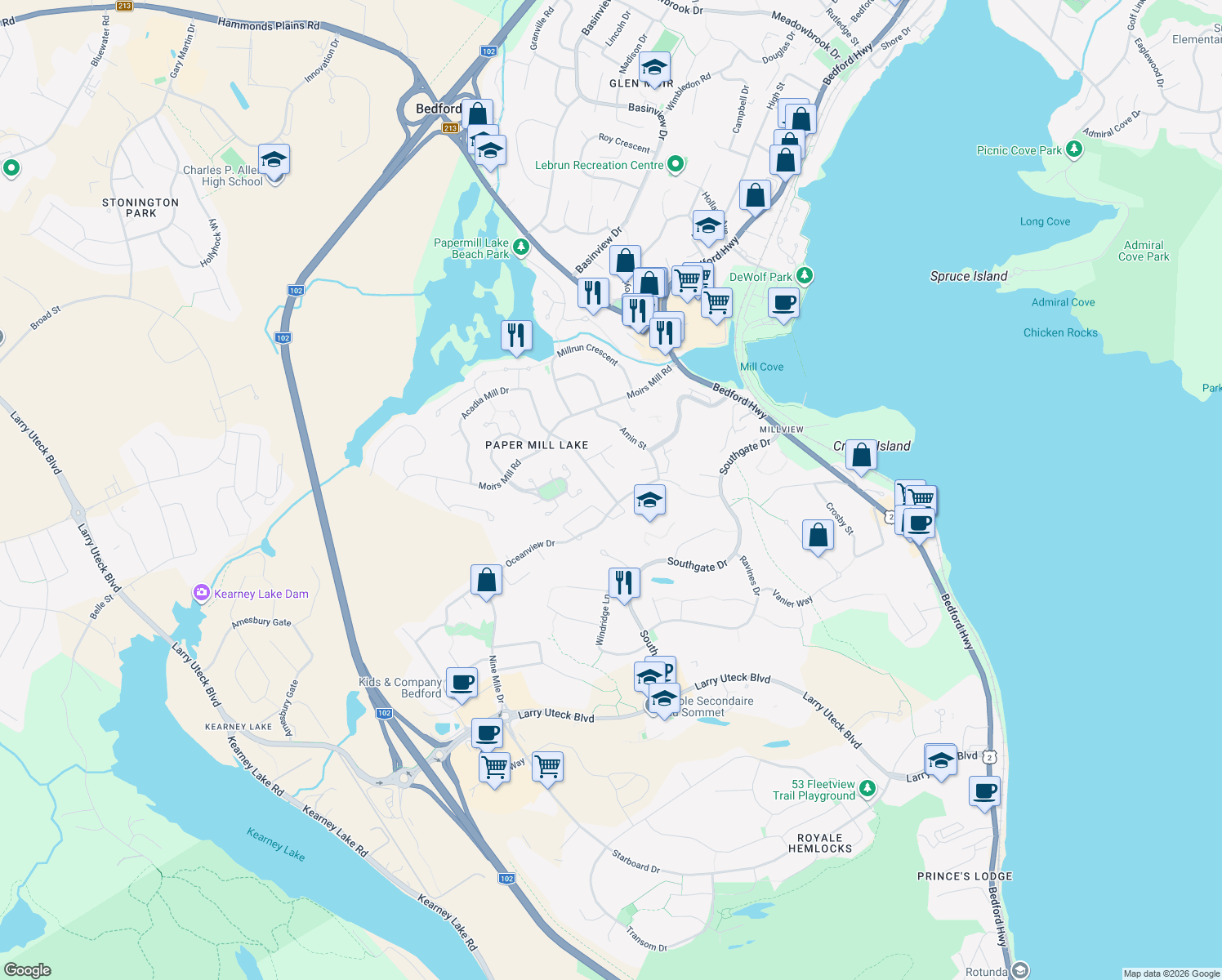 map of restaurants, bars, coffee shops, grocery stores, and more near 86 Royal Masts Way in Bedford