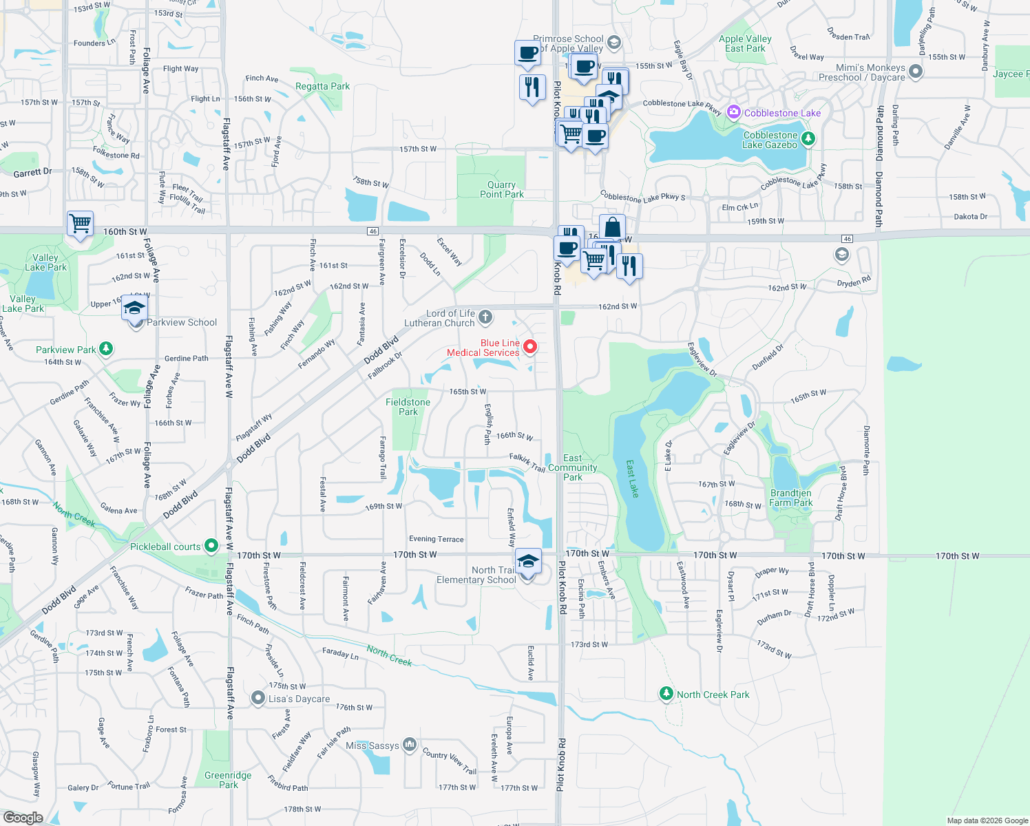 map of restaurants, bars, coffee shops, grocery stores, and more near Endeavor Lane in Farmington