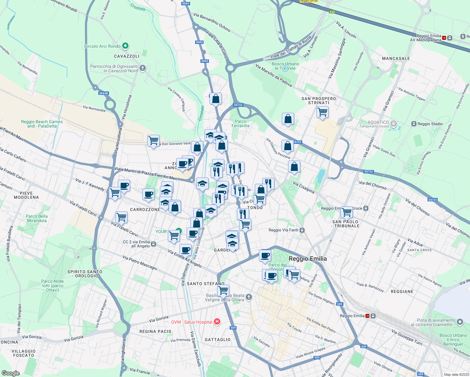 map of restaurants, bars, coffee shops, grocery stores, and more near 22-24 Via Fratelli Manfredi in Reggio Emilia