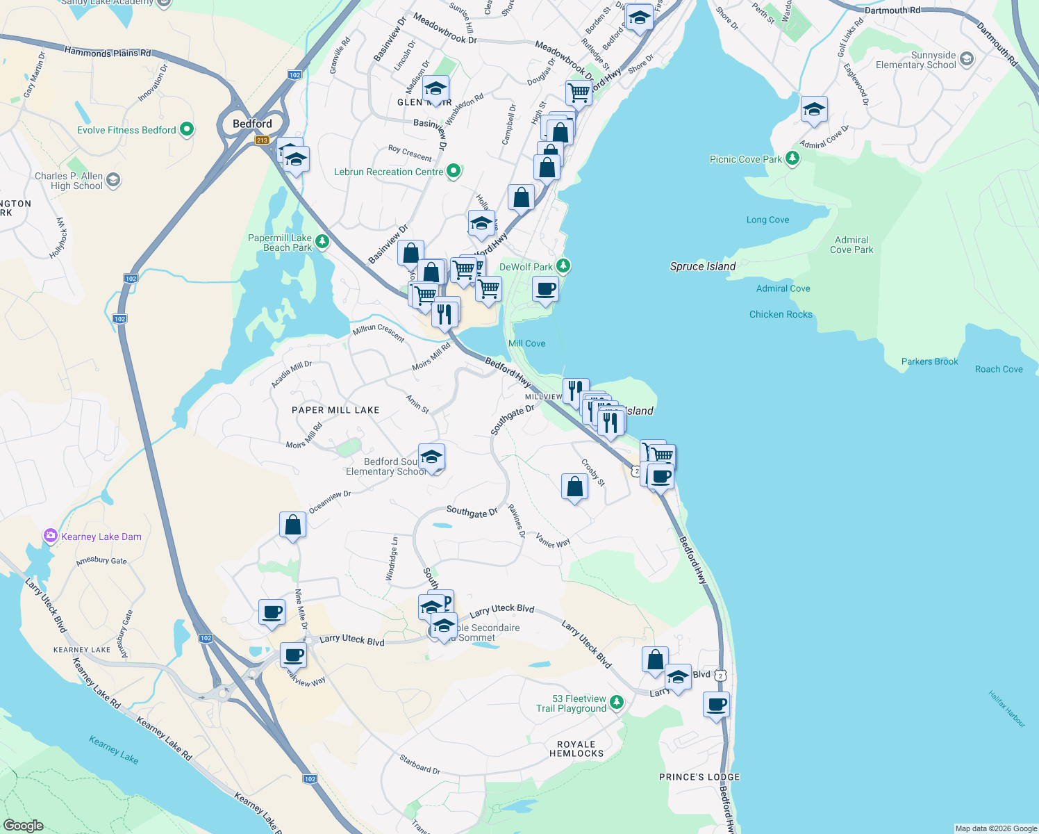 map of restaurants, bars, coffee shops, grocery stores, and more near 46 Southgate Drive in Bedford