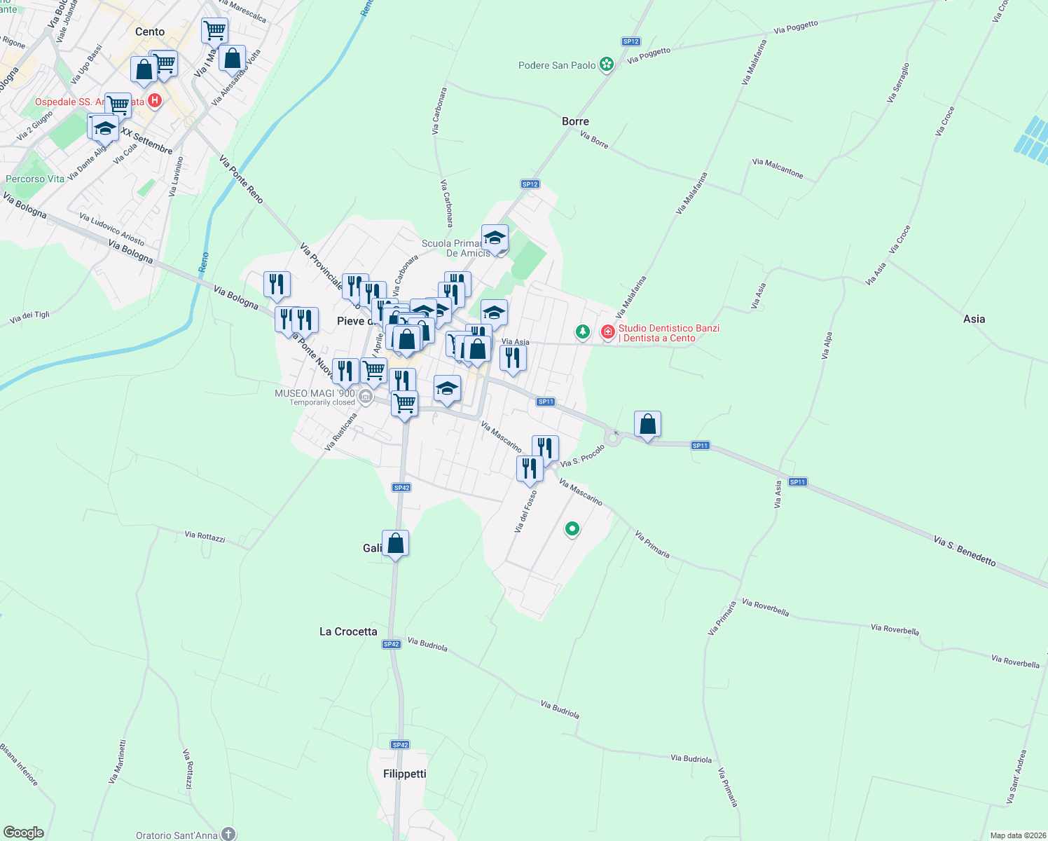 map of restaurants, bars, coffee shops, grocery stores, and more near 12 Via Angiolina Melloni in Pieve di Cento