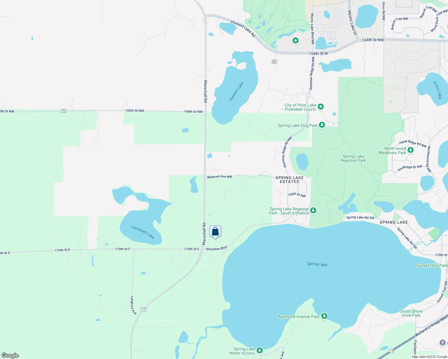 map of restaurants, bars, coffee shops, grocery stores, and more near 1627 Belmont Avenue Northwest in Prior Lake