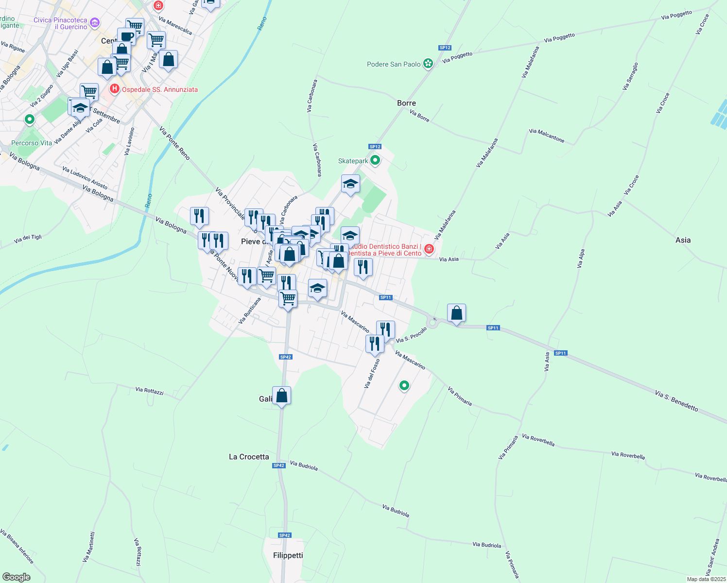 map of restaurants, bars, coffee shops, grocery stores, and more near 10 Via Provinciale San Pietro in Pieve di Cento