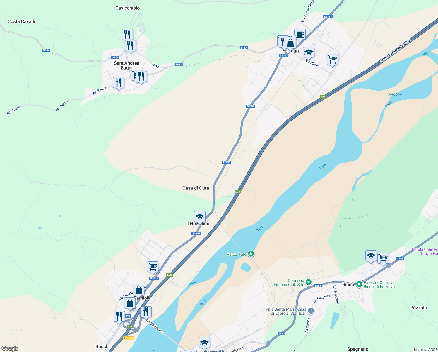map of restaurants, bars, coffee shops, grocery stores, and more near 171 Via Solferino in Provincia di Parma