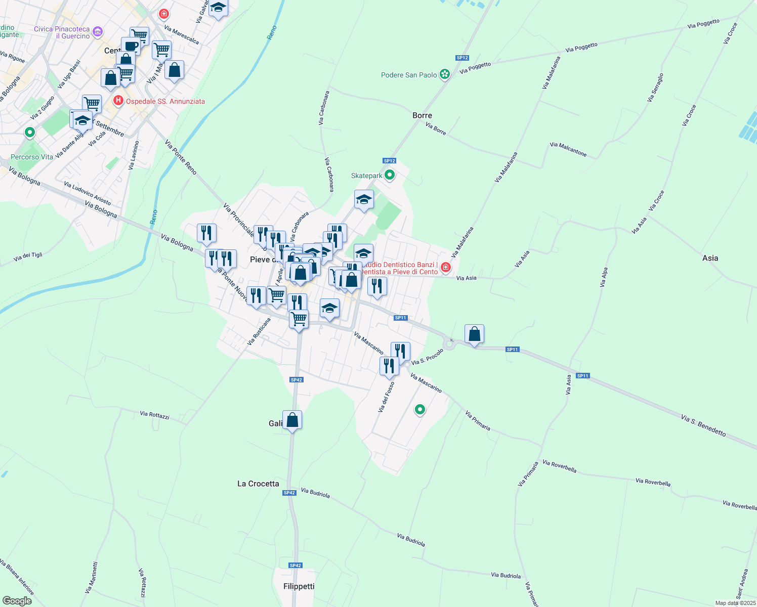 map of restaurants, bars, coffee shops, grocery stores, and more near 10 Via Provinciale San Pietro in Pieve di Cento