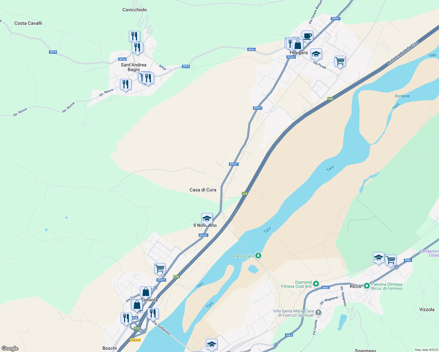map of restaurants, bars, coffee shops, grocery stores, and more near 171 Via Solferino in Provincia di Parma