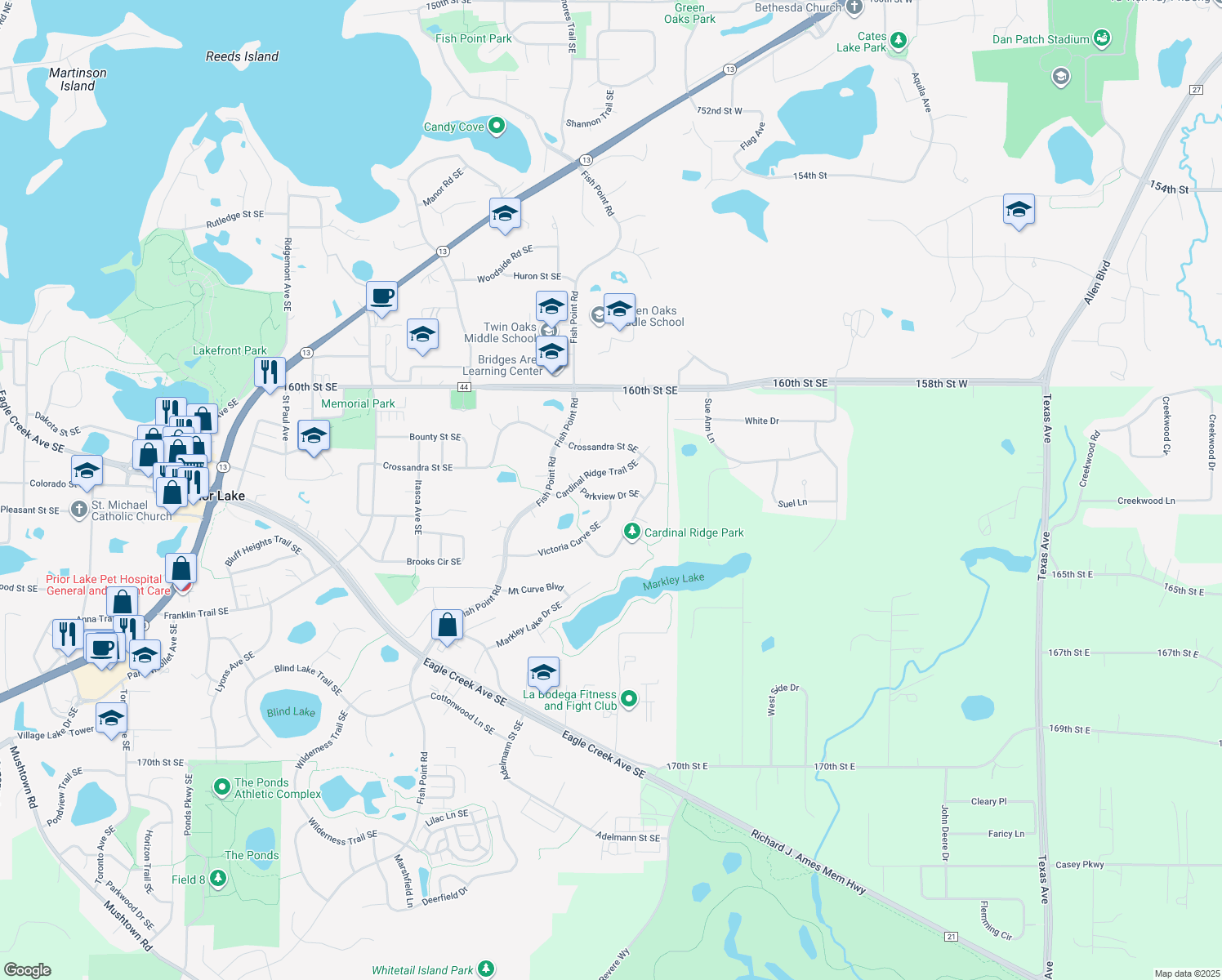 map of restaurants, bars, coffee shops, grocery stores, and more near 16283 Parkview Drive Southeast in Prior Lake
