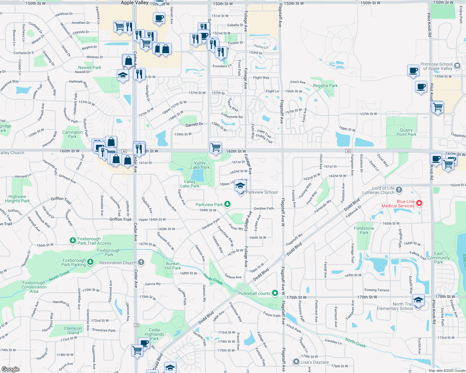 map of restaurants, bars, coffee shops, grocery stores, and more near 6818 Upper 162nd Street West in Rosemount