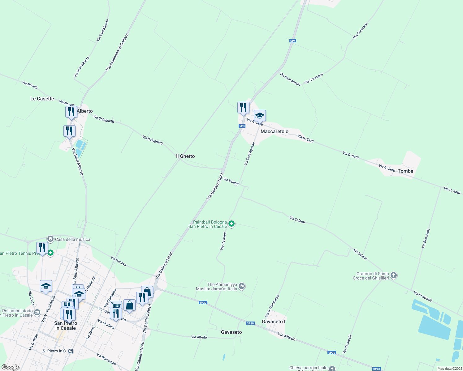 map of restaurants, bars, coffee shops, grocery stores, and more near 110 Via Salami in San Pietro In Casale