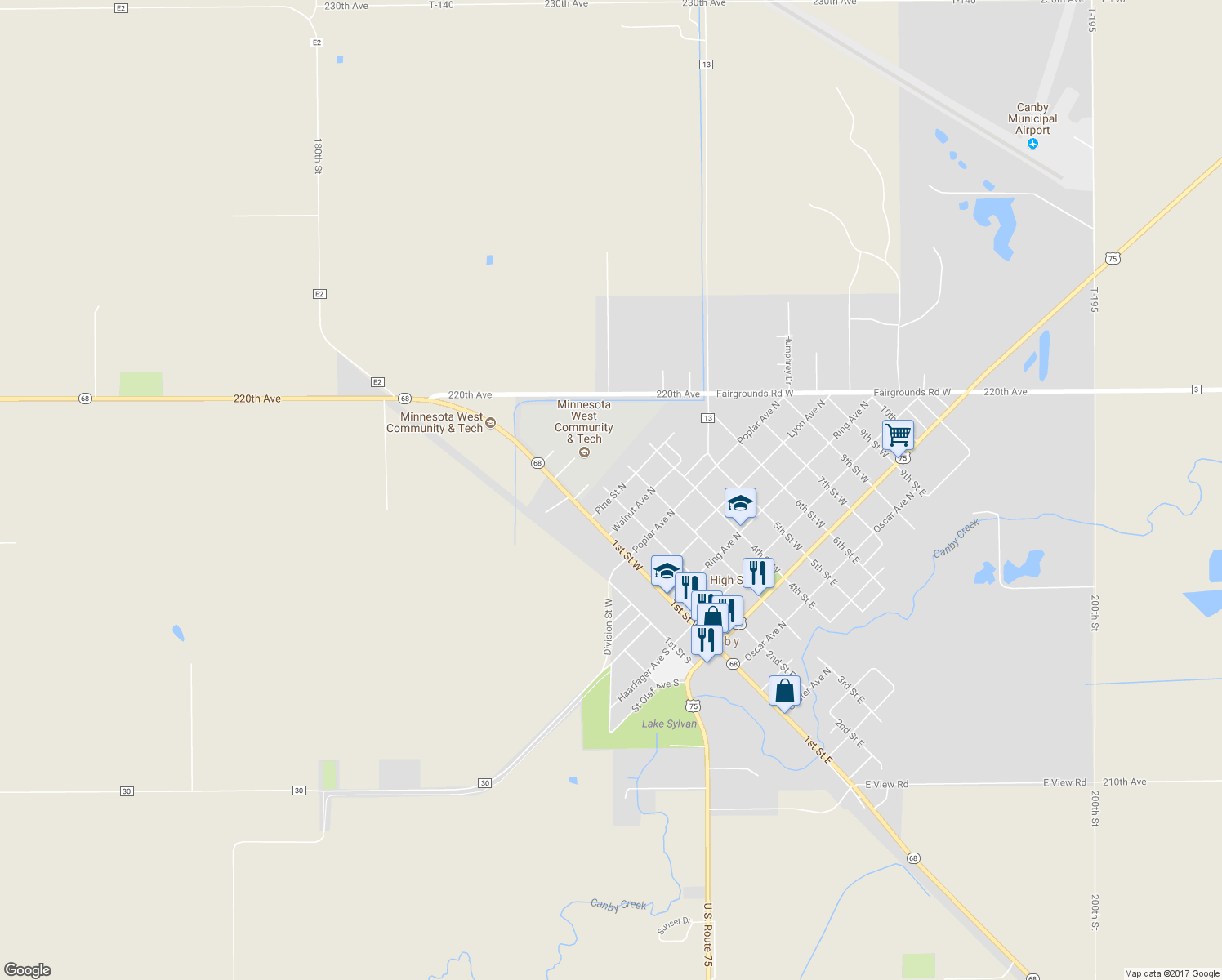 map of restaurants, bars, coffee shops, grocery stores, and more near 204 Pine Avenue North in Canby