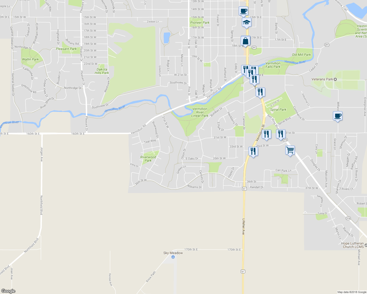 map of restaurants, bars, coffee shops, grocery stores, and more near 3176 Olson Drive in Hastings