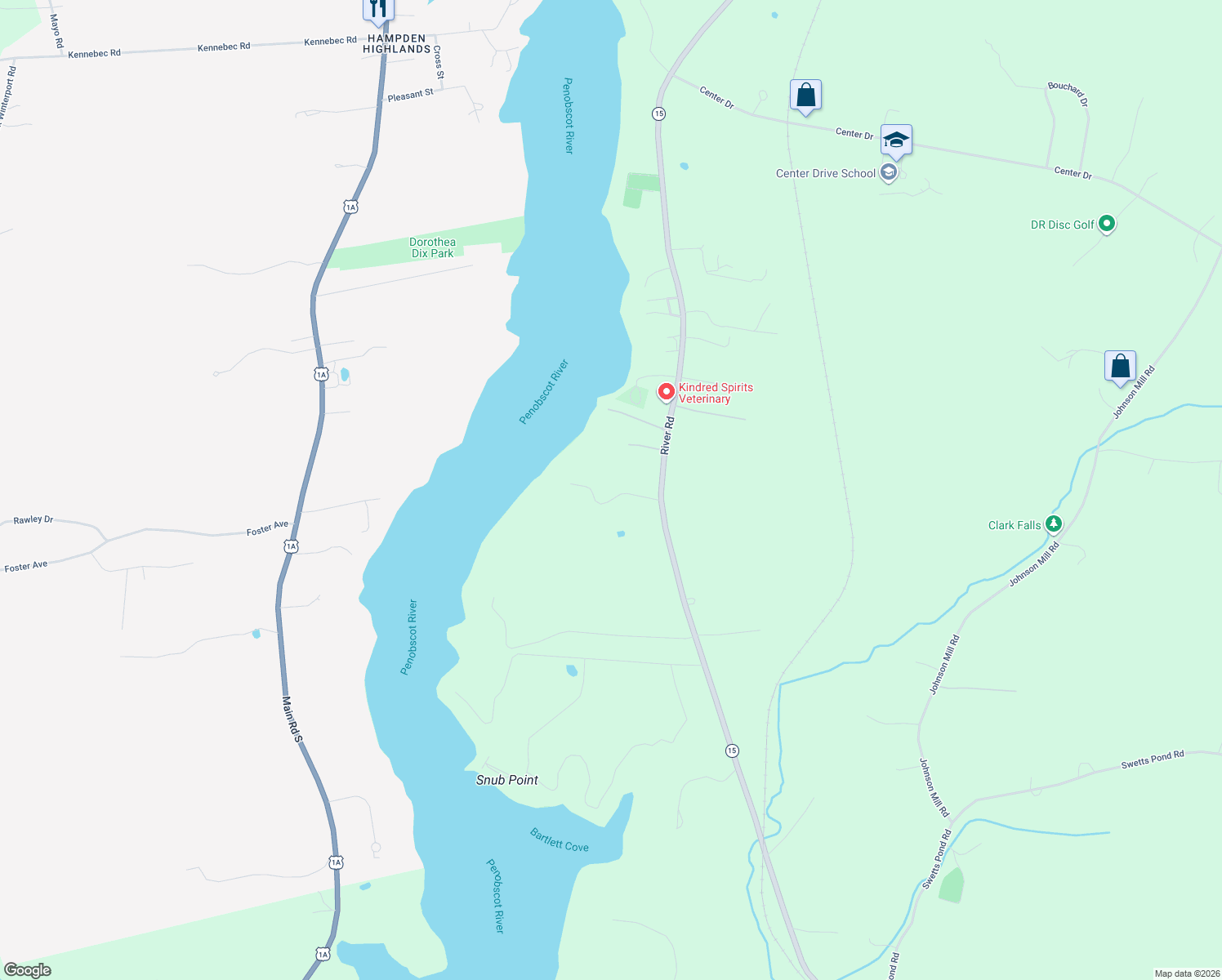 map of restaurants, bars, coffee shops, grocery stores, and more near 8 Highland Drive in Orrington