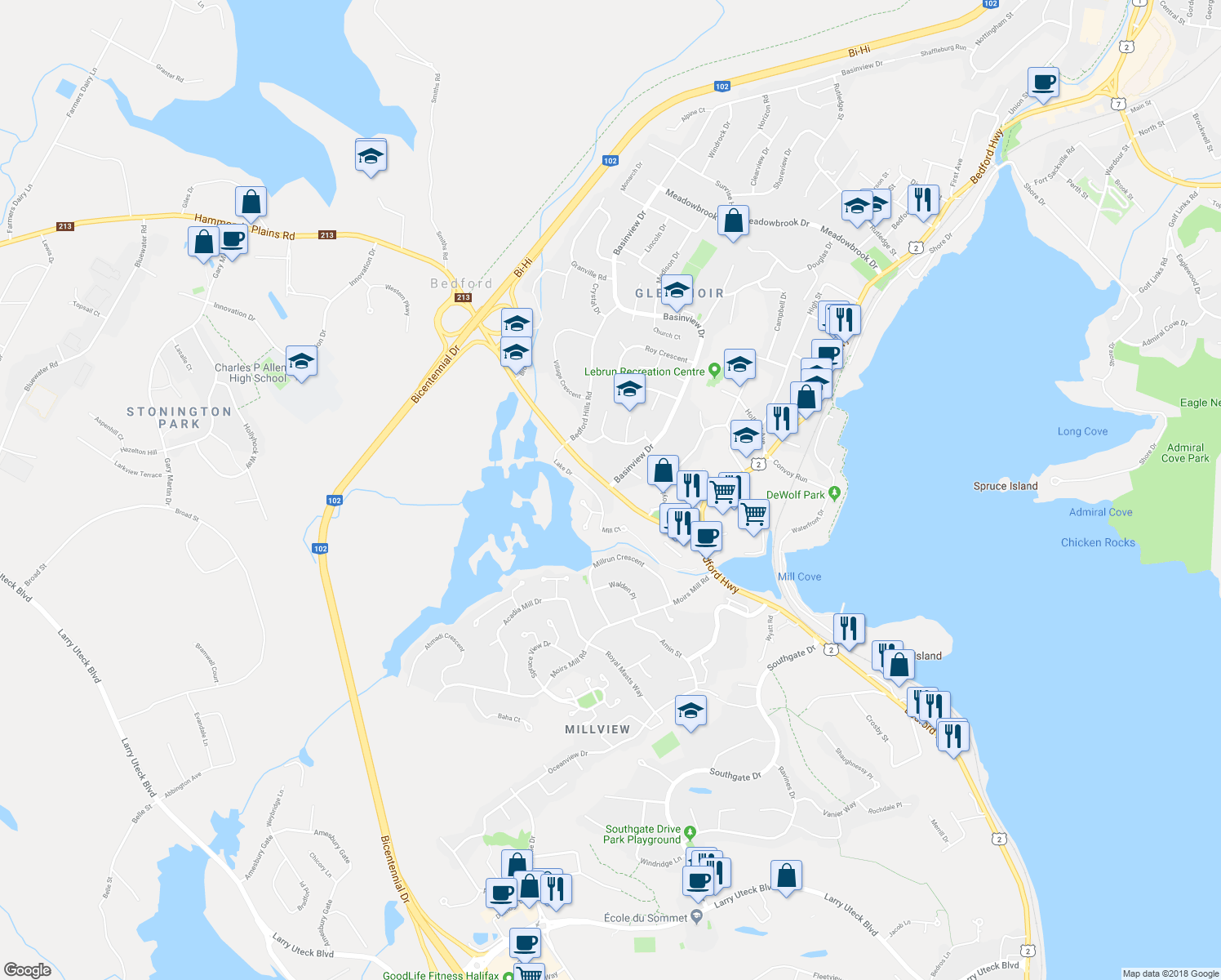 map of restaurants, bars, coffee shops, grocery stores, and more near 80 Hammonds Plains Road in Bedford