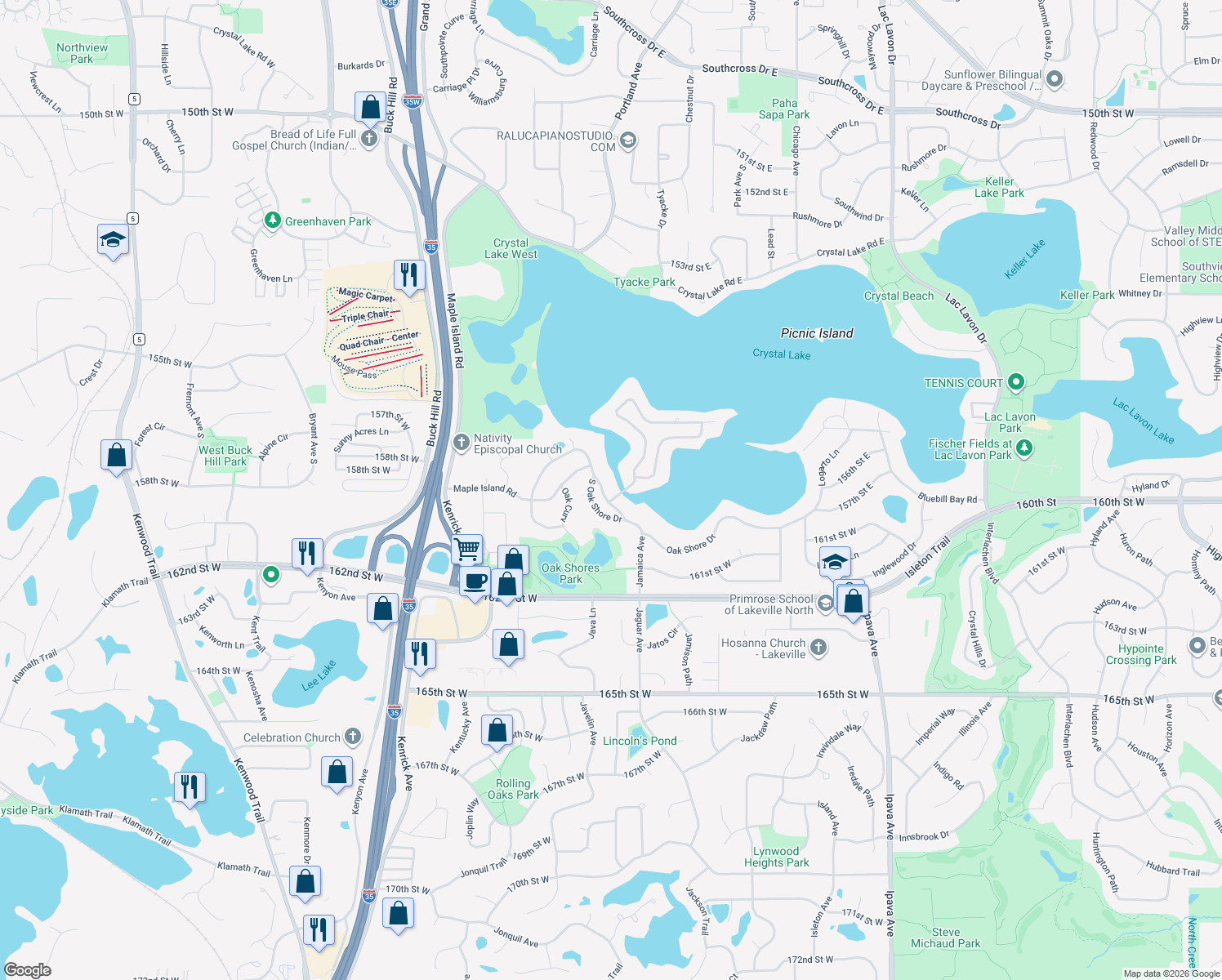 map of restaurants, bars, coffee shops, grocery stores, and more near 240 Maple Island Road in Burnsville